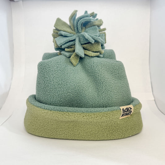 4 POINT BEANIE W/ POM - PALE MOSS/BLUE SAGE